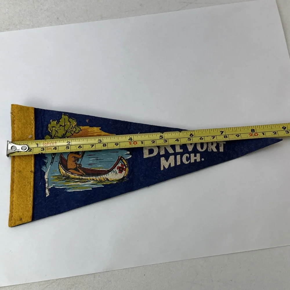 Brevort Michigan Souvenir Pennant Vintage Felt Flag Native American Canoe UP MI